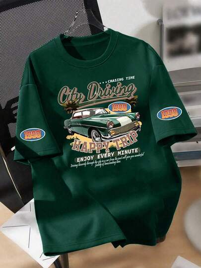 Vintage Car Print Short Sleeve Shirt, Suitable For Teenage Boys. This Casual Loose Fit Short Sleeve T-Shirt Is Perfect For Spring And Summer Wear, Also An Excellent Gift For Family, Boyfriend/Girlfriend And Friends.