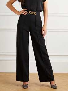 EARO Women's OL Style High-End Fashion Casual Solid Color Waist Metal Chain Design Straight Leg Loose Pants, Comfortable Relaxed Fit Elegant Trousers, Khaki Color, Autumn/Winter Black Spring - màu đen - Xem 3