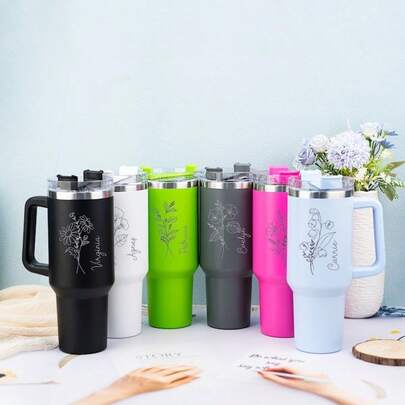 1pc Personalized Large Capacity Polycarbonate Travel Mug With Handle, 40oz Stainless Steel Double Wall Insulated Water Bottle, Leak-Proof, Dishwasher , Suitable For Car, Travel, Work, Sports, Camping, Office, Great Gift For Birthday, Valentine's Day, New Year, Back To School