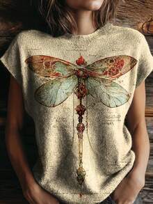 (Free Shipping) 2026 New Arrival Women's Artistic Dragonfly Print Crew Neck Loose Knit Top; Mother's Day Outfit; Tops Women;T-Shirts For Woman;Spring Summer Casual Style ;Women's Summer T-Shirt - 彩色 - 查看 1