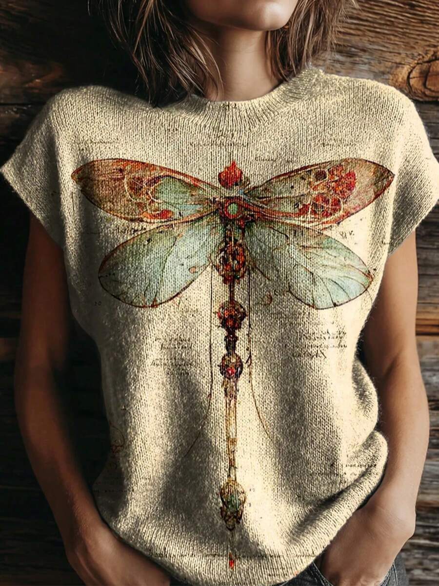 (Free Shipping) 2026 New Arrival Women's Artistic Dragonfly Print Crew Neck Loose Knit Top; Mother's Day Outfit; Tops Women;T-Shirts For Woman;Spring Summer Casual Style ;Women's Summer T-Shirt - 彩色 - 查看 1