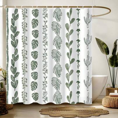 鼠尾草绿波西米亚风浴帘，配塑料挂钩；现代白色和浅绿色中性农舍风格防水浴帘；独特的装饰性热带水疗植物天然花卉桉树装饰；浴室装饰及配件；房间装饰；适用于家居、酒店、度假村；礼品
