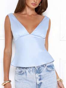 Womens Satin Tank Tops  Sleeveless Deep V Neck Solid Color Tops Slim Fit Shirts - Blue - View 5