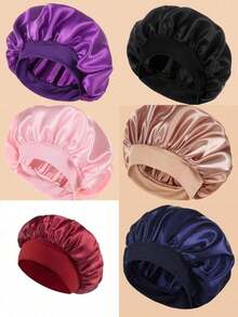 1/2Pcs Silk Bonnet Sleeping, Satin Hair Bonnets, Soft Elastic Band Silk Sleep Cap, Silk Hair Wrap Curly Hair (Black&Pink) Bonnet En Satin-Bonnet-Bonnet Satin Hair Accessories - Multicolor - View 5