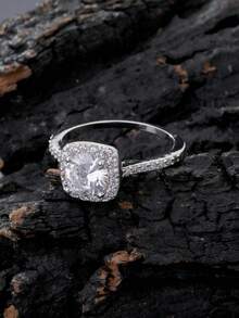 1枚时尚简约波西米亚风镀银方形戒指，镶嵌闪亮立方氧化锆，情侣戒指，结婚/订婚戒指，日常佩戴，礼品之选，斋月配送 - 戒指 - 查看 4