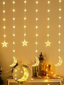 1pc 2M 69 LED Star & Moon Curtain String Lights, Battery Powered, Indoor Home Decor Star Lights, Suitable For Wedding, Party, Holiday, Bedroom, Room Wall Decor, Festival Star & Moon Light String - Multicolor - View 12