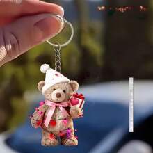 Llavero plano en forma de corazón con oso de peluche abrazando, estilo 2D acrílico, regalo del Día de San Valentín, colgante para mochila - Multicolor - Ver 4