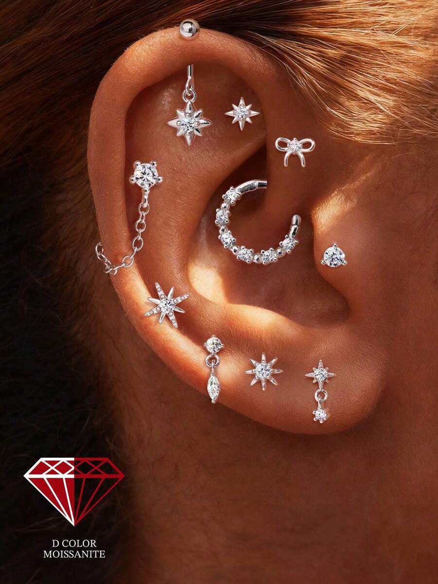 SereneSpark 1pc Moissanite Star Stud Earrings, 925 Sterling Silver, Hypoallergenic, Flat Back Cartilage Earrings, 18K White Gold Plated, Suitable For Daily Wear, Wedding, Party, Engagement, Exquisite Jewelry - White Gold - View 1