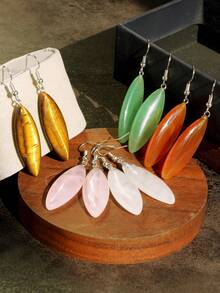 Elegant Leaf-Shaped Natural Stone Earrings, Vintage Teardrop Pendant, Spring/Summer Vacation Earrings - Multicolor - View 3
