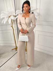 AIJ Amarilo Women's Beige Two Pieces Set, Elegant Square Neck Long Sleeve Peplum Blazer & High Waist Wide Leg Pants Outfit, Office Commute Party Date Daily Wear - Dusty Pink - View 5