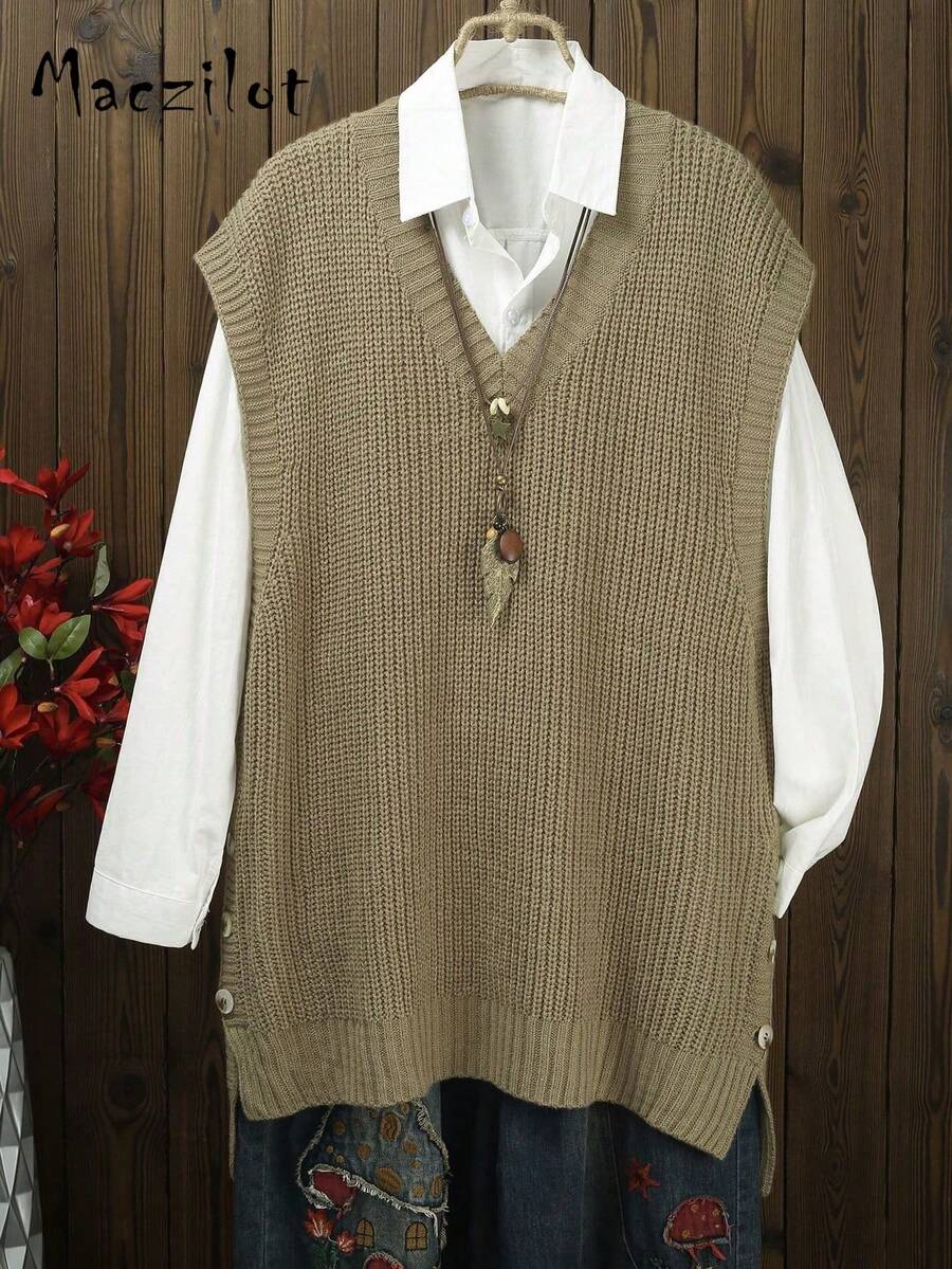 Áo len chui đầu không tay cổ chữ V thoải mái, dáng rộng cho nữ cỡ lớn - Màu Khaki - Xem 1