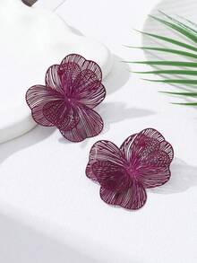1 Pair Vintage Elegant Metallic Gold Textured Floral Pendant Earrings, Suitable For Women's Daily, Party, Holiday, Gift - 紫色 - 查看 5