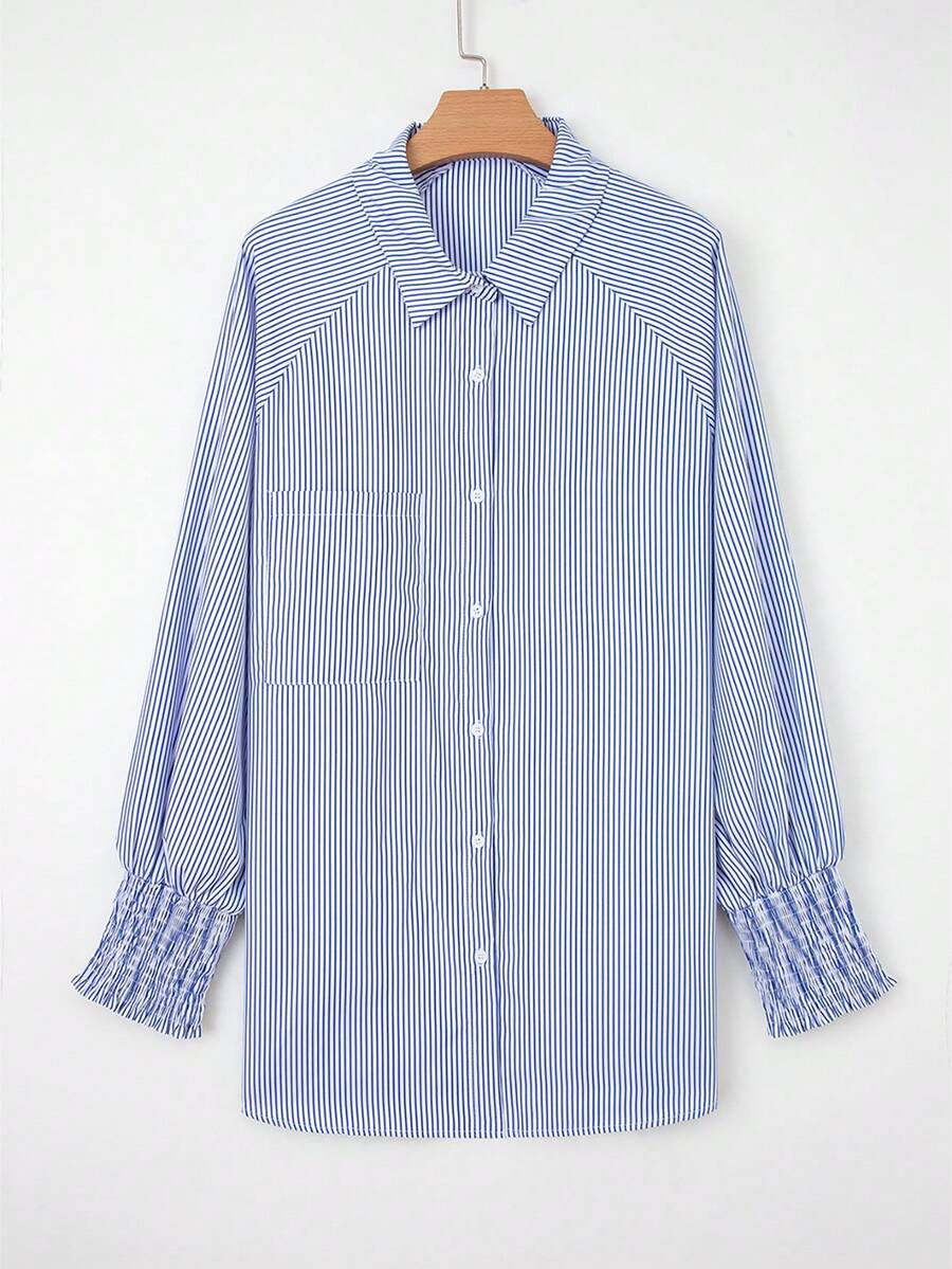 ASVIVID 扣式长袖条纹衬衫，时尚商务成熟女性风格，长袖上衣