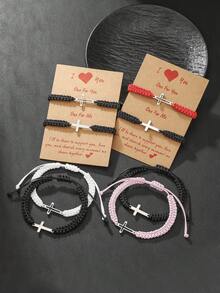 2pcs/Set Solid & Hollow Match Stainless Steel Cross Adjustable Braided Bracelet Set, Suitable For Friends, Family, Couples, Daily Wear - Cross-woven Bracelet Set - View 5