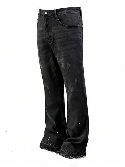 Lightweight Business Casual Washed Distressed Hem Jeans For Men, Versatile Slim Straight Leg Casual Pants, Suitable For All Seasons, Button Fly, Street Style Relaxed Fit Tapered Leg Jeans