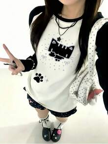 Y2K Cute Pixel Cat Print Raglan Sleeve T-Shirt For Women, Loose Fit Contrast Color Casual Top White Spring - White - View 1