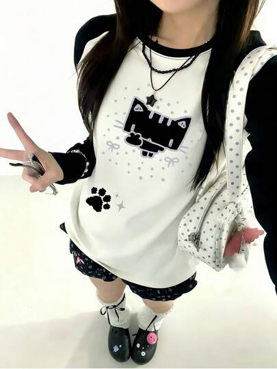 Y2K Cute Pixel Cat Print Raglan Sleeve T-Shirt For Women, Loose Fit Contrast Color Casual Top White Spring