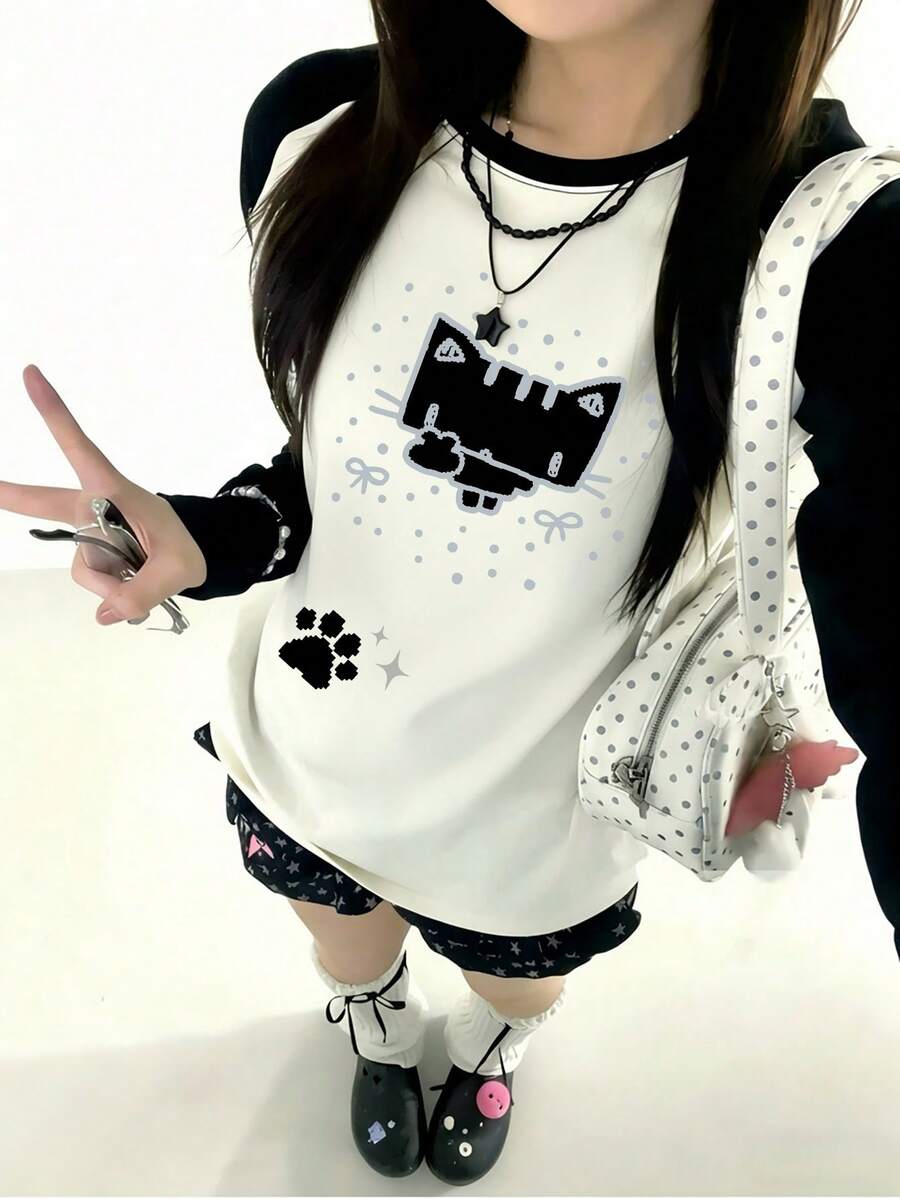 Y2K Cute Pixel Cat Print Raglan Sleeve T-Shirt For Women, Loose Fit Contrast Color Casual Top White Spring - White - View 1