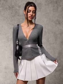 灰色花卉雪纺针织系带可调节深V领修身开衫，Y2K风格，性感气息，办公室风格 - 深灰色 - 查看 3