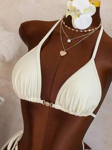 Women's Elegant White Backless Tie-Up Bikini Set, Featuring Ring Detail, Side-Tie Thong, High-Stretch Fabric - Cream - View 5