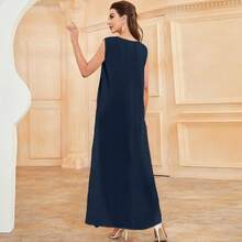 Vestido casual de corte recto sin mangas de cuello redondo con efecto de perla sólido para primavera - Azul Marino - Ver 5