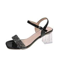 1 par de sandálias de salto alto com sola grossa e transparente, ideais para adolescentes - Sandálias de verão com strass preto. - Preto - Ver 9