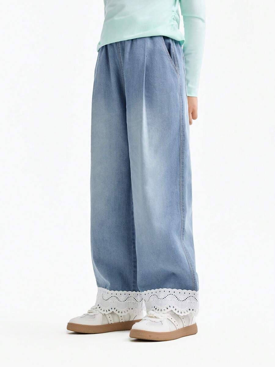 Annil Girls' Pure Cotton Washed Denim Jeans, New Spring Style, Fashionable Korean Straight Leg Pants - Light Blue Jeans - View 1