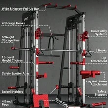 Smith Machine, 2200Lbs Squat Rack With LAT-Pull Down System, Cable Crossover Machine, Smith Bar, Home Gym All In One Training Equipment With Leg Hold-Down And More Attachments - 黑色 - 查看 3