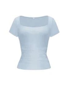 Áo dệt kim ôm dáng gợi cảm Vaiaye dành cho nữ, màu trơn, cổ vuông, kiểu dáng thường ngày, thích hợp cho mùa xuân/hè. - xanh nhạt - Xem 3