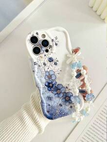 Cream Wavy Glossy Painted Anti-Drop Phone Case With Beaded Bracelet Accessory, Compatible With IPhone, Galaxy, Redmi - Multicolor - View 3