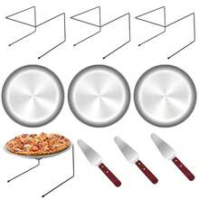 9 Pieces Pizza Pan Riser Stands Sets With 3 Metal Pizza Table Stands 3 Pizza Pans And 3 Wood Handle Pie Server Pizza Serving Tray Display Stands For Pizza Party Dessert Cheese BaFKing (9 PCS) - Silver - View 1