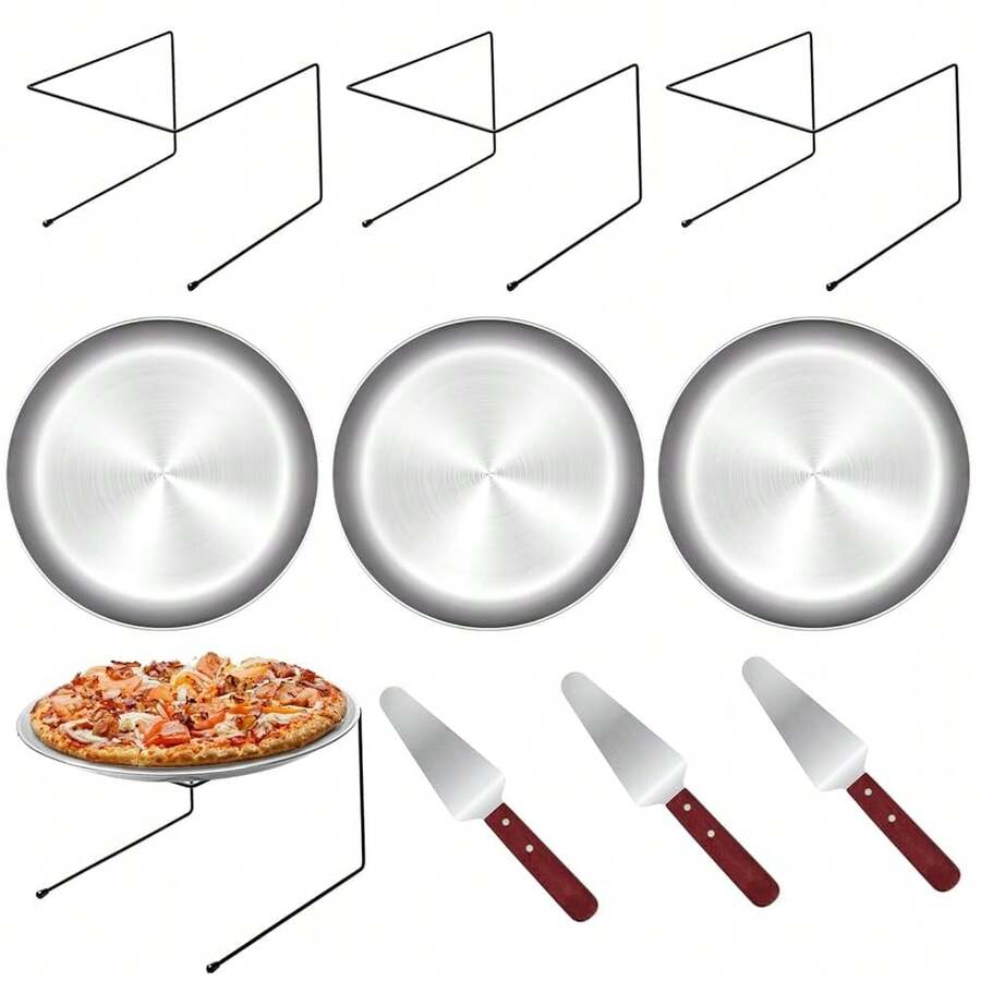 9 Pieces Pizza Pan Riser Stands Sets With 3 Metal Pizza Table Stands 3 Pizza Pans And 3 Wood Handle Pie Server Pizza Serving Tray Display Stands For Pizza Party Dessert Cheese BaFKing (9 PCS) - Silver - View 1