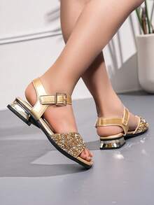 儿童金色水钻凉鞋，女童夏季低跟休闲鞋 - 金色 - 查看 4