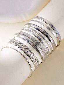 7pcs Exaggerated Personality Hammered Hexagram & Open Bangle Bracelet Set - bạc - Xem 2