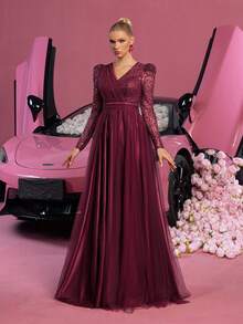 Faeriesty 优雅V领公主风长袖礼服——适合正式晚宴、婚礼宾客着装、新娘写真、红毯活动、奢华盛会及春季派对等场合。 - 酒紅色 - 查看 6