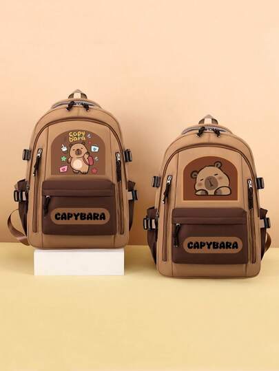 Mochila/bolsa escolar nueva de moda con estampado de capibara de dibujos animados y unicolor, de gran capacidad, diseño de doble capa, múltiples bolsillos, multifuncional. Adecuada para la escuela, uso diario, viajes y actividades al aire libre. Un excelente regalo de vuelta a la escuela o de cumpleaños para niños.