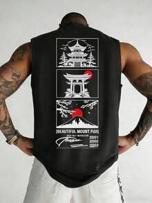 日系美学印花休闲宽松圆领背心，男士夏季款 - 黑色 - 查看 1