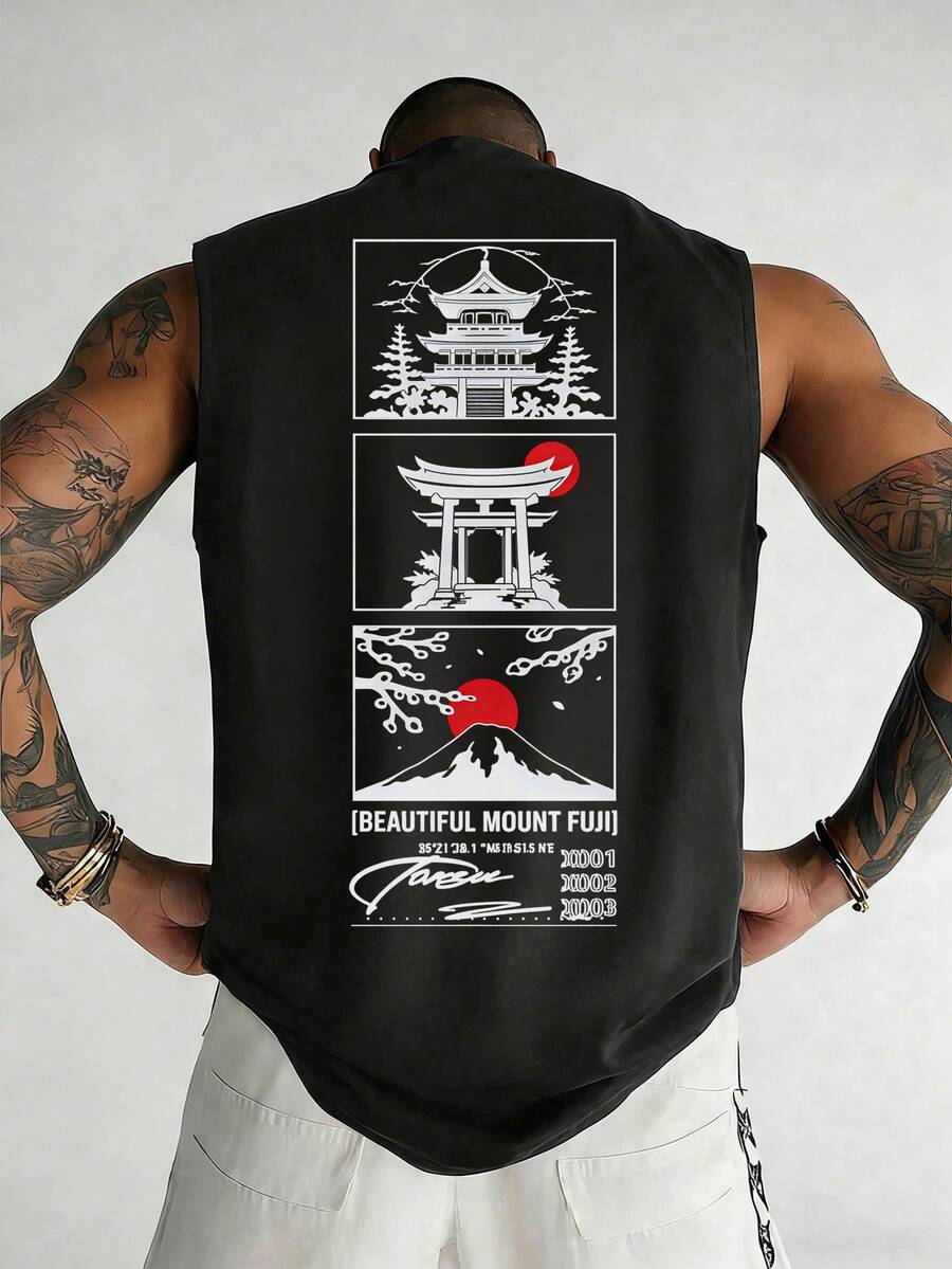 日系美学印花休闲宽松圆领背心，男士夏季款 - 黑色 - 查看 1