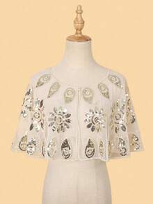 1pc Sequin Shawl Collar Mesh Yoke Top - Multicolor - View 2