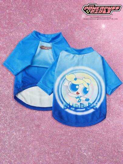 THE POWERPUFF GIRLS X PETSIN 1件可爱大眼睛女孩情书印花休闲风宠物T恤，彩色蓝色亲肤透气宠物服装