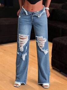 Jeans rectos casuales y versátiles de mujer con bolsillos y rotos - Azul lavado medio - Ver 6