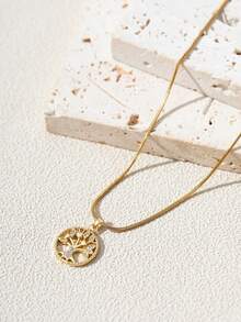 1件装女孩吊坠项链，简约叠戴风格，不锈钢镶嵌立方氧化锆生命之树吊坠项链，百搭日常佩戴及礼品配饰 - 金黃色 - 查看 3