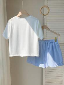 2 Peças Conjunto de Roupas com Tema Oceânico para Meninos Bebês, Roupas de Verão - Camiseta de Manga Curta com Estampa de Animais Marinhos para Menino Bebê + Shorts Listrados Azul e Branco para Menino Pequeno, Adequado para 0-1-2-3 Anos, 6-9 Meses Bebê, Uso Externo, Casual, Festa, Presente de Férias, Presente de Aniversário - Branco - Visão 2