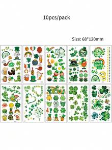 10pcs Green Clover, Shamrock And Green Hat Pattern Temporary Tattoos For Women And Men, St.Patrick's Day Body, Face Makeup Tattoo Stickers, Suitable For St.Patrick's Day Festival, Fake Tattoo Waterproof - Green - View 7