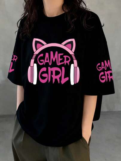 青少年短袖T恤，印有耳机和标语图案 - 休闲宽松运动圆领T恤 - 适合夏季上学、旅行、聚会和郊游的完美礼物。少女服装。