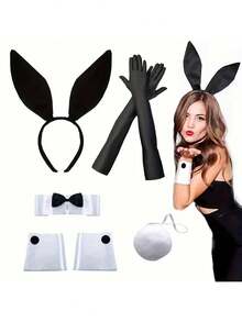 Set costum de iepure negru/roz, bandă de păr în stil retro pentru urechi de iepure, accesorii pentru manșetă și coadă, potrivit pentru petrecerea de Paște, evenimente cu tematică de iepure și alte decorațiuni de petrecere - Multicolor - Vizualizare 7