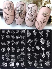 2pcs Flower Leaf Nail Stamping Plate Spring Summer Flower Leaf Image Steel Plate Nail Template DIY Printing Stencil Manicure Accessories Tool Nail Supplies - Silver - View 3
