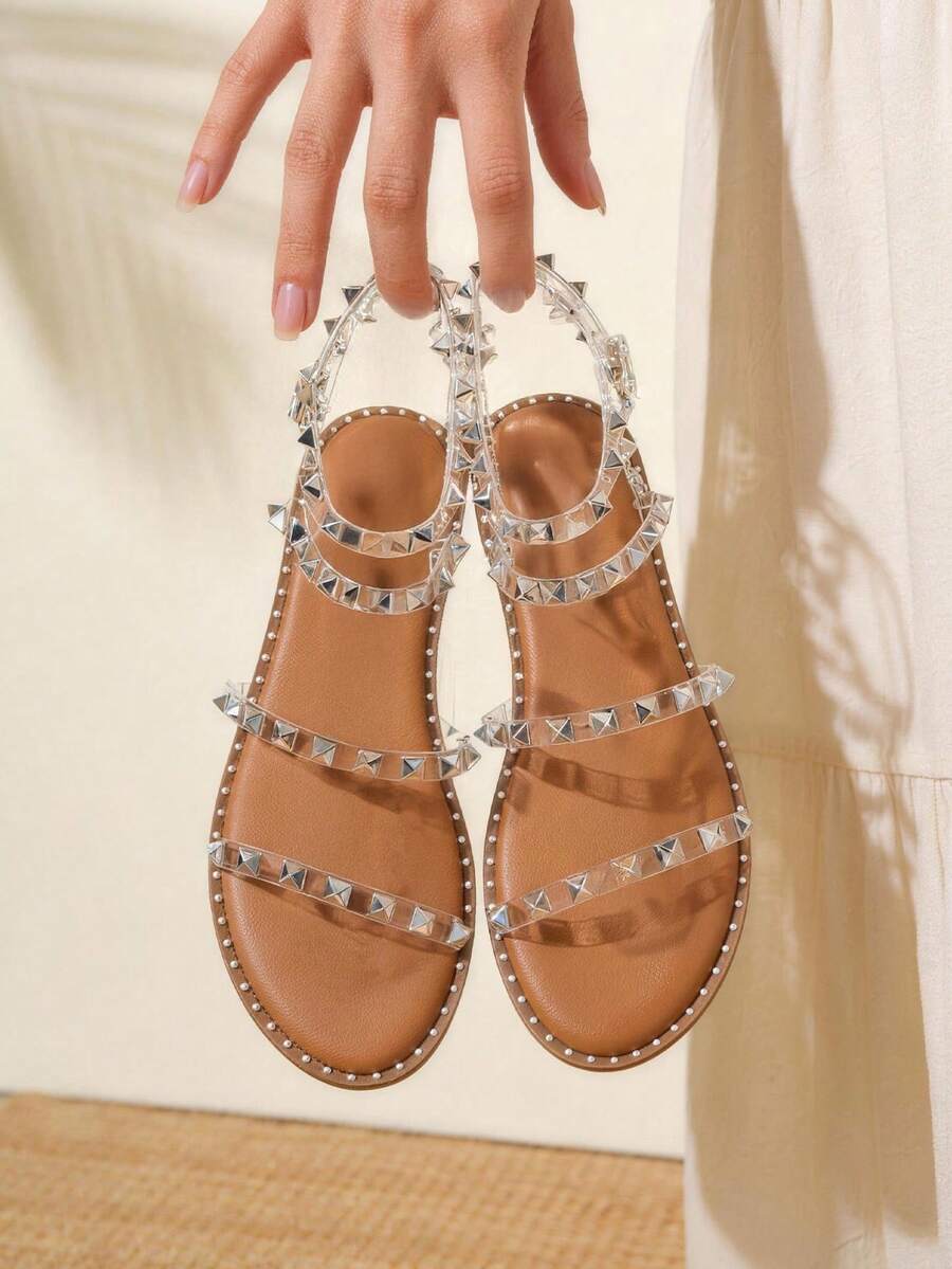 Women's Ankle Strappy Sandals Studded Flat Sandals Gladiator Sandal For Vacation - 無色 - 查看 1