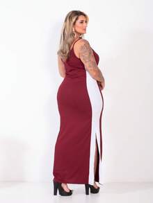 Plus Size Curvy Style Strappy Dress With Thin Straps, Side Slit, Ribbed Fabric, Extra Large, Long, Elastane, For Formal Parties And Maternity Wear. - Burgundy - View 5