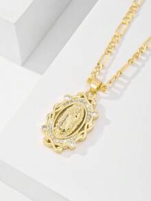 1pc Classic European Style Copper Inlaid Zirconia Flower Guadalupe Virgin Mary Pendant Necklace, Limited Edition. Suitable As Gift For Christmas, Thanksgiving, Halloween, Mother's Day, Valentine's Day, Friends, Godparents, First Holy Communion, Daily Wear And Prayer - Yellow Gold - View 3